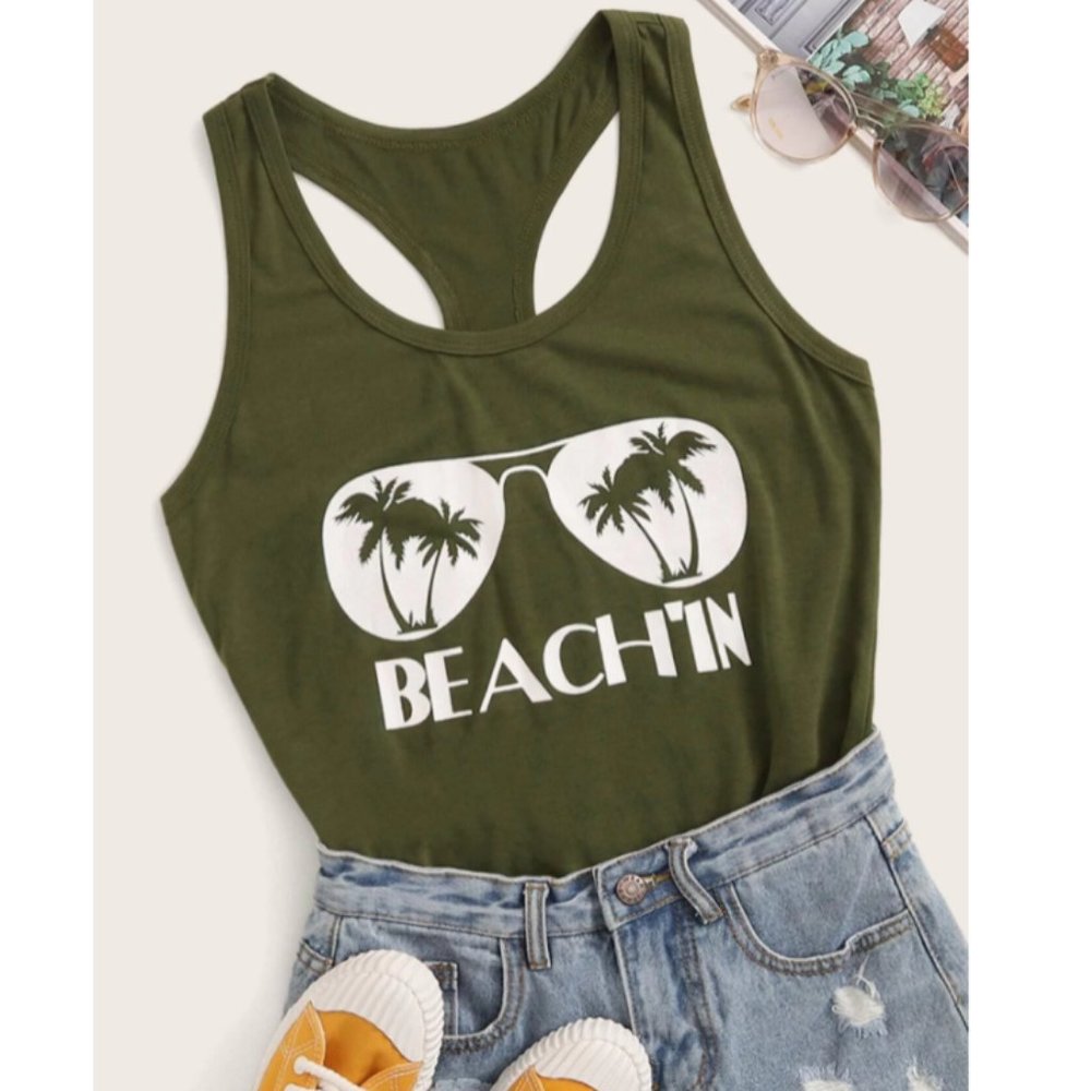 SHEIN Dark Green Beach'in Sunglasses Palm Trees Tank Top
